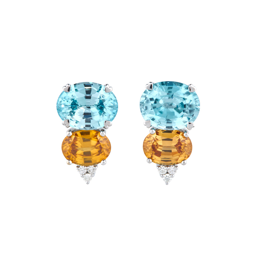 Bumblebee Earrings, Blue and Yellow Cambodian Zircon Set with Diamonds.