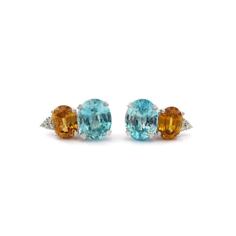 Bumblebee Earrings, Blue and Yellow Cambodian Zircon Set with Diamonds.