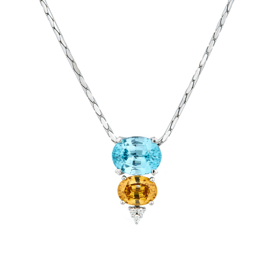Bumblebee pendant, blue and yellow Cambodian zircon set with diamonds.