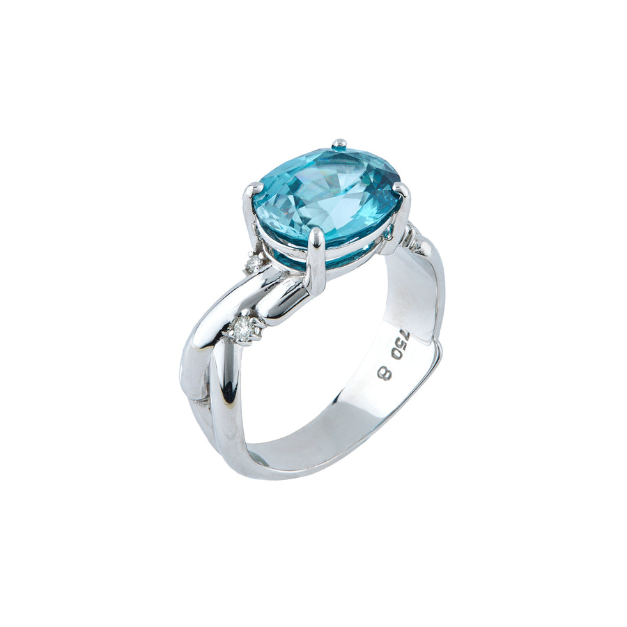 Blue zircon ring, inspired by an olive branch - a symbol of peace.